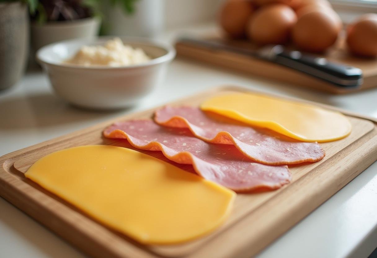 Roulé au fromage jambon avec des tranches de jambon et de fromage sur un plan de travail de cuisine propre.