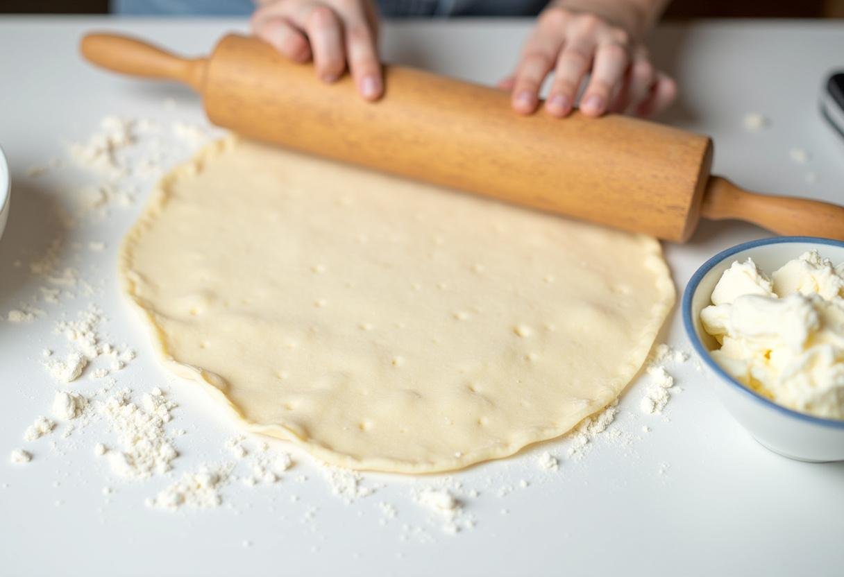 Texte de roulé fromage jambon, une tortilla aplatie avec du fromage à la crème sur un plan de travail de cuisine.