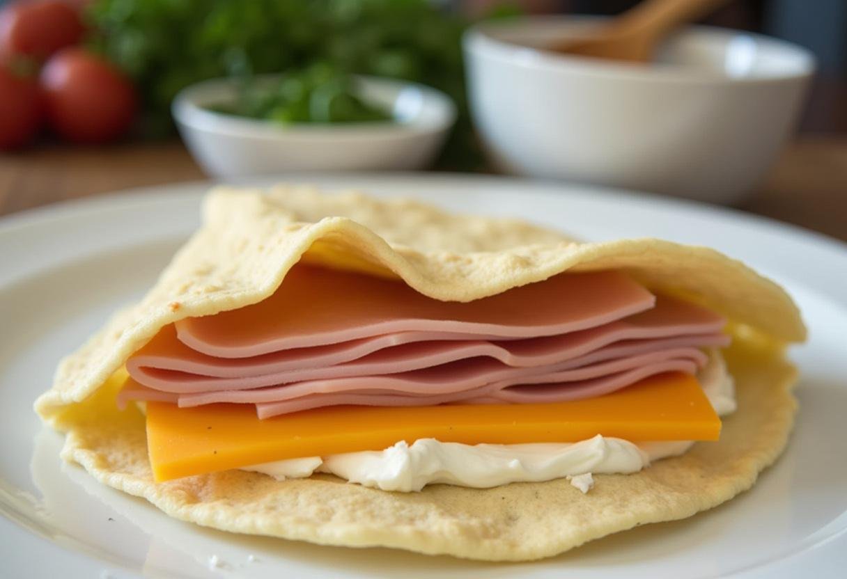 Préparation de roulé au fromage jambon avec une tortilla garnie de fromage à la crème, jambon et fromage.