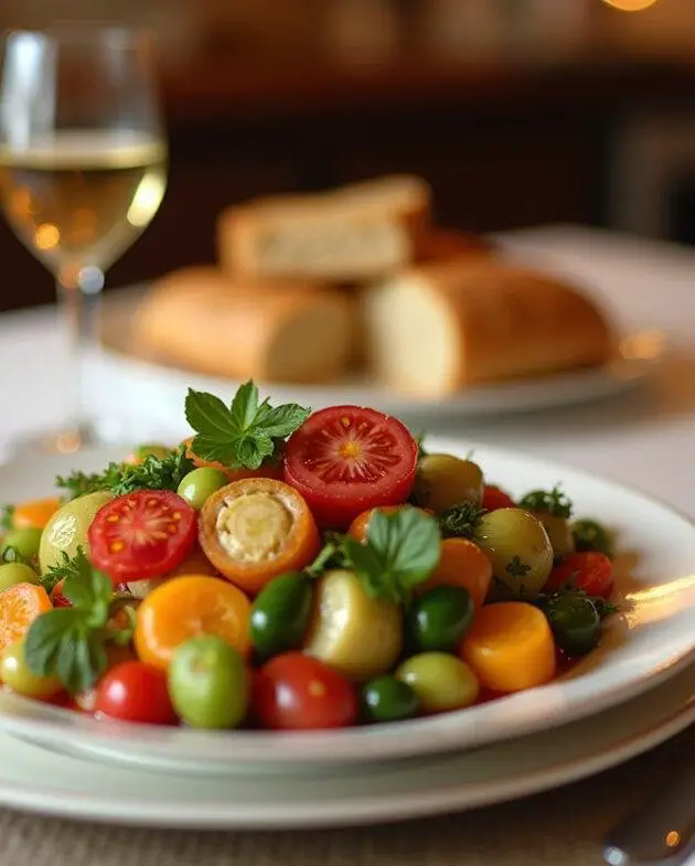 Une assiette de salade alsacienne traditionnelle, mettant en valeur les couleurs des légumes, prête à déguster.
