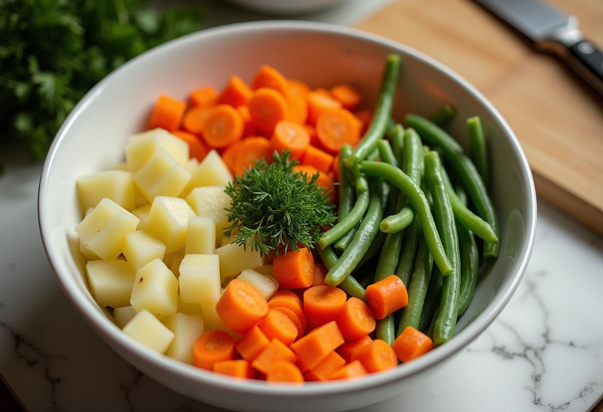 Des pommes de terre, des carottes et des haricots verts dans un bol, préparant une salade alsacienne typique.