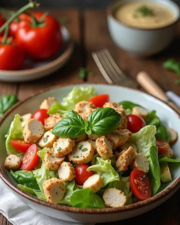 Salade césar gourmande et classique au poulet, joliment présentée avec des ingrédients frais sur une table.