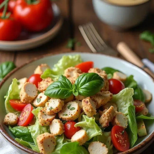 Salade césar gourmande et classique au poulet, joliment présentée avec des ingrédients frais sur une table.