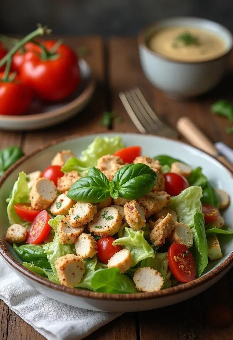 Salade césar gourmande et classique au poulet, joliment présentée avec des ingrédients frais sur une table.