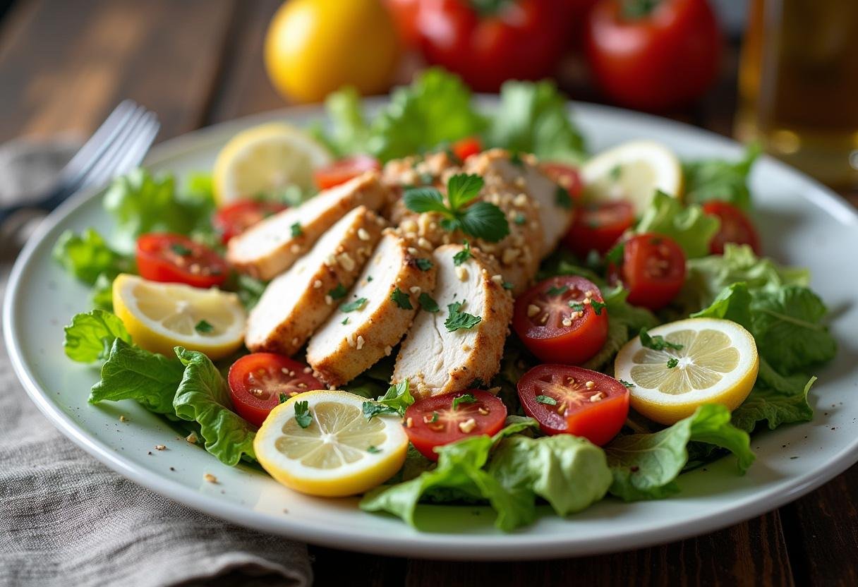 Salade césar gourmande et classique au poulet, joliment présentée avec des ingrédients frais sur une table.