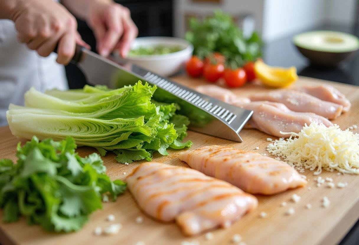 Ingrédients frais de salade césar au poulet sur un plan de travail, y compris laitue romaine, fromage parmesan rùpé et poulet grillé.