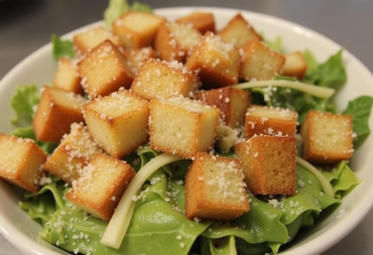 De la salade césar au poulet bien garnie de croûtons croustillants et de fromage parmesan sur le dessus.