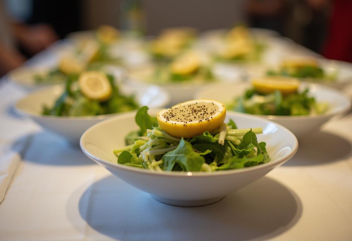Salade césar au poulet présentée dans de jolis bols avec une tranche de citron et du poivre fraßchement moulu.