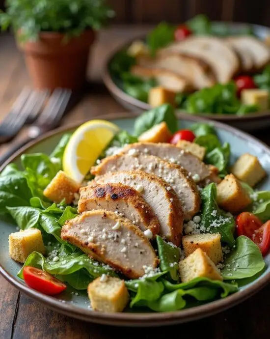 Salade césar au poulet classique sur une table en bois, décorée de fromage Parmesan et accompagnée d'un quartier de citron.