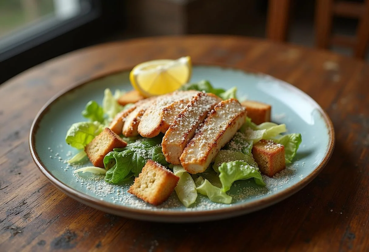 Salade césar au poulet classique sur une table en bois, décorée de fromage Parmesan et accompagnée d'un quartier de citron.
