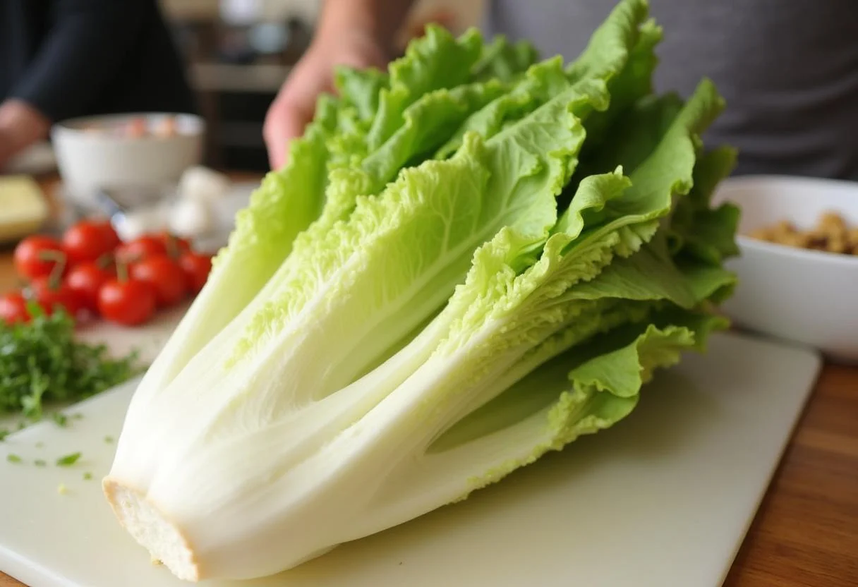 Préparation de la salade césar au poulet avec de la laitue romaine fraîche lavée et déchirée.