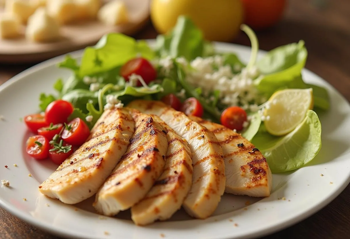 Des morceaux de poulet grillé pour la salade césar au poulet, accompagnés de croûtons et de fromage Parmesan.
