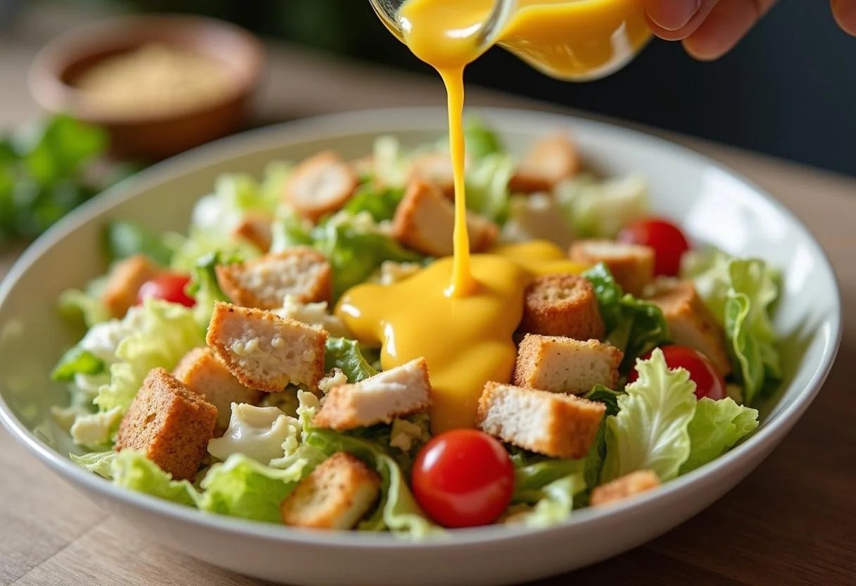 Verser de la vinaigrette césar sur la salade césar au poulet pour une saveur délicieuse.