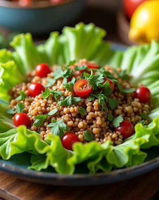 Présenter une salade feuille de chêne délicatement arrange sur une table en bois rustique.
