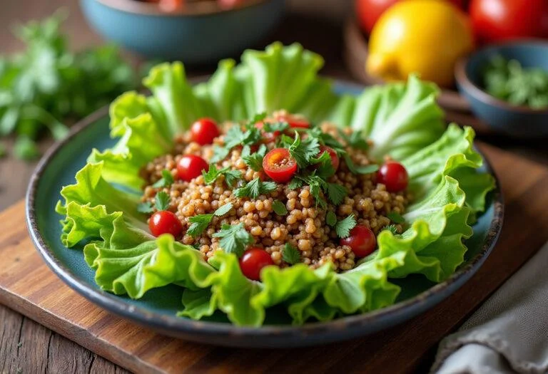 PrĂ©senter une salade feuille de chĂȘne dĂ©licatement arrange sur une table en bois rustique.