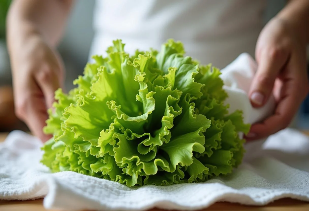 Laver de la salade feuille de chĂȘne fraĂźche dans une cuisine lumineuse.