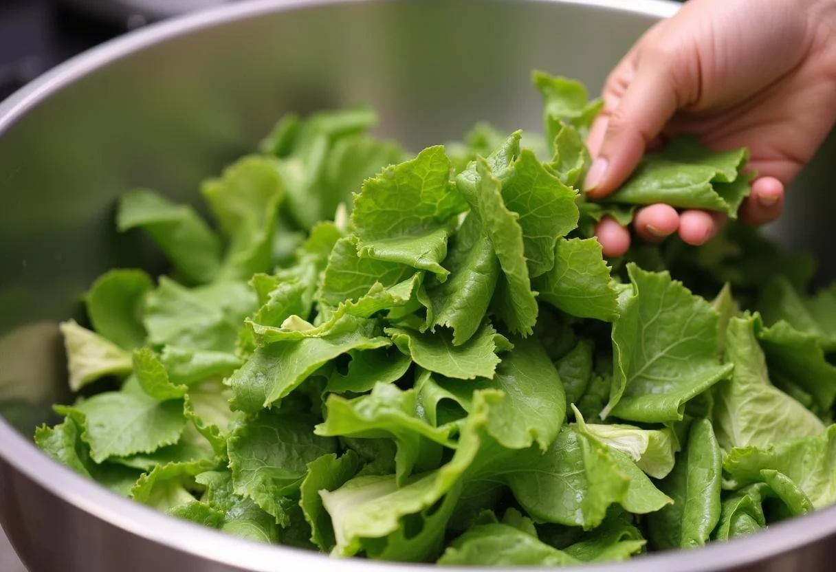 DĂ©chirer des feuilles de salade feuille de chĂȘne fraĂźches dans un grand saladier.