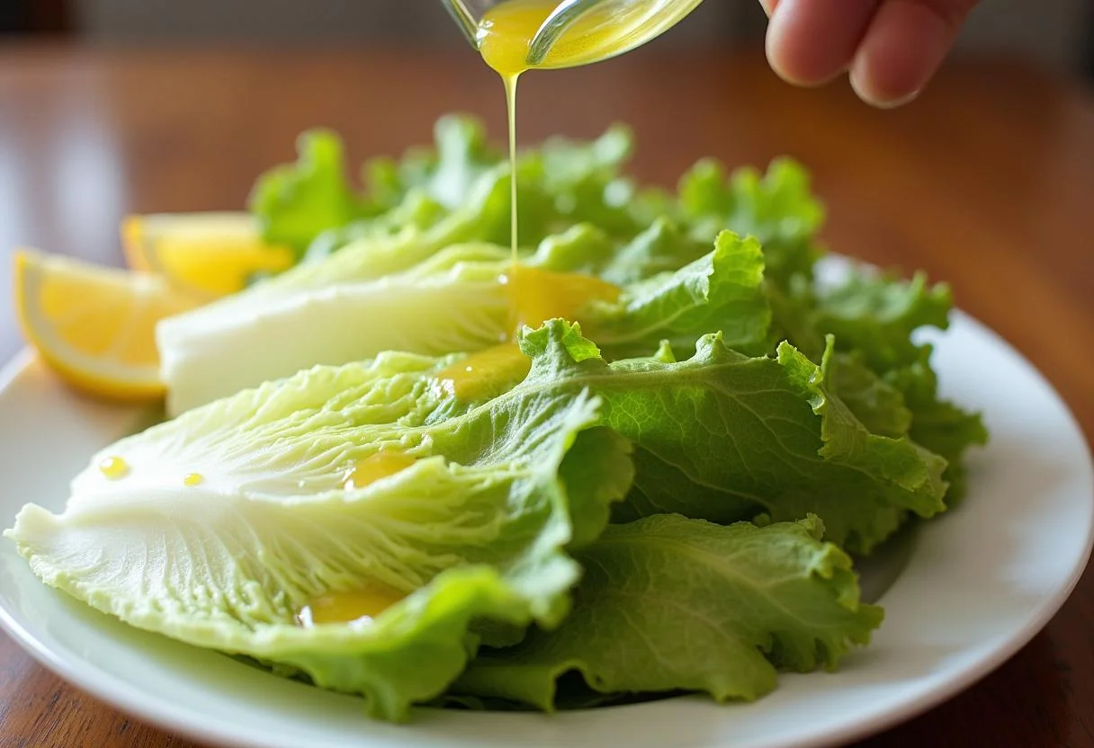 Ajouter une vinaigrette lĂ©gĂšre sur la salade feuille de chĂȘne et mĂ©langer dĂ©licatement.