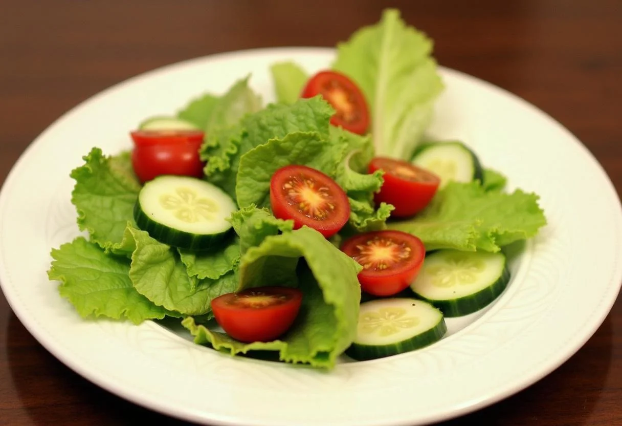 Servir la salade feuille de chĂȘne avec des tomates cerises et des tranches de concombre.