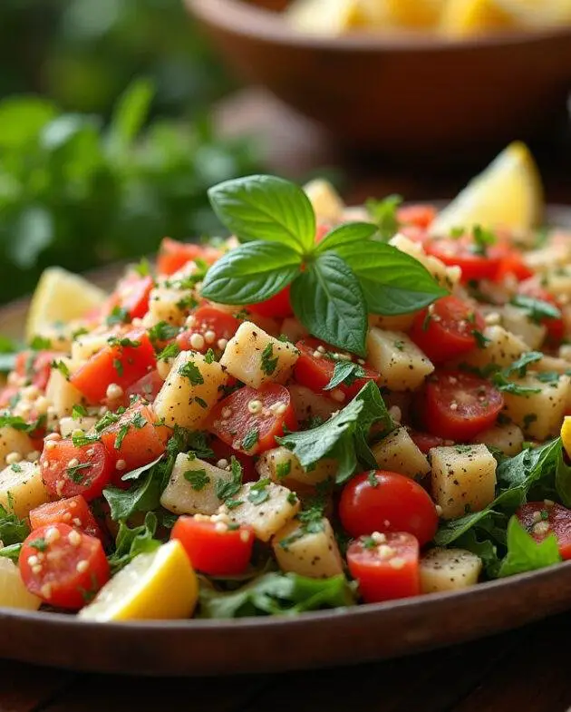 Présentation élégante d'une salade libanaise, incluant le fattoush et le tabbouleh, mettant en avant les saveurs et ingrédients traditionnels de la cuisine libanaise.