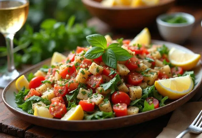 Présentation élégante d'une salade libanaise, incluant le fattoush et le tabbouleh, mettant en avant les saveurs et ingrédients traditionnels de la cuisine libanaise.