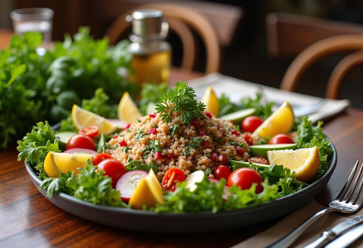 Présentation élégante d'une salade libanaise, incluant le fattoush et le tabbouleh, mettant en avant les saveurs et ingrédients traditionnels de la cuisine libanaise.