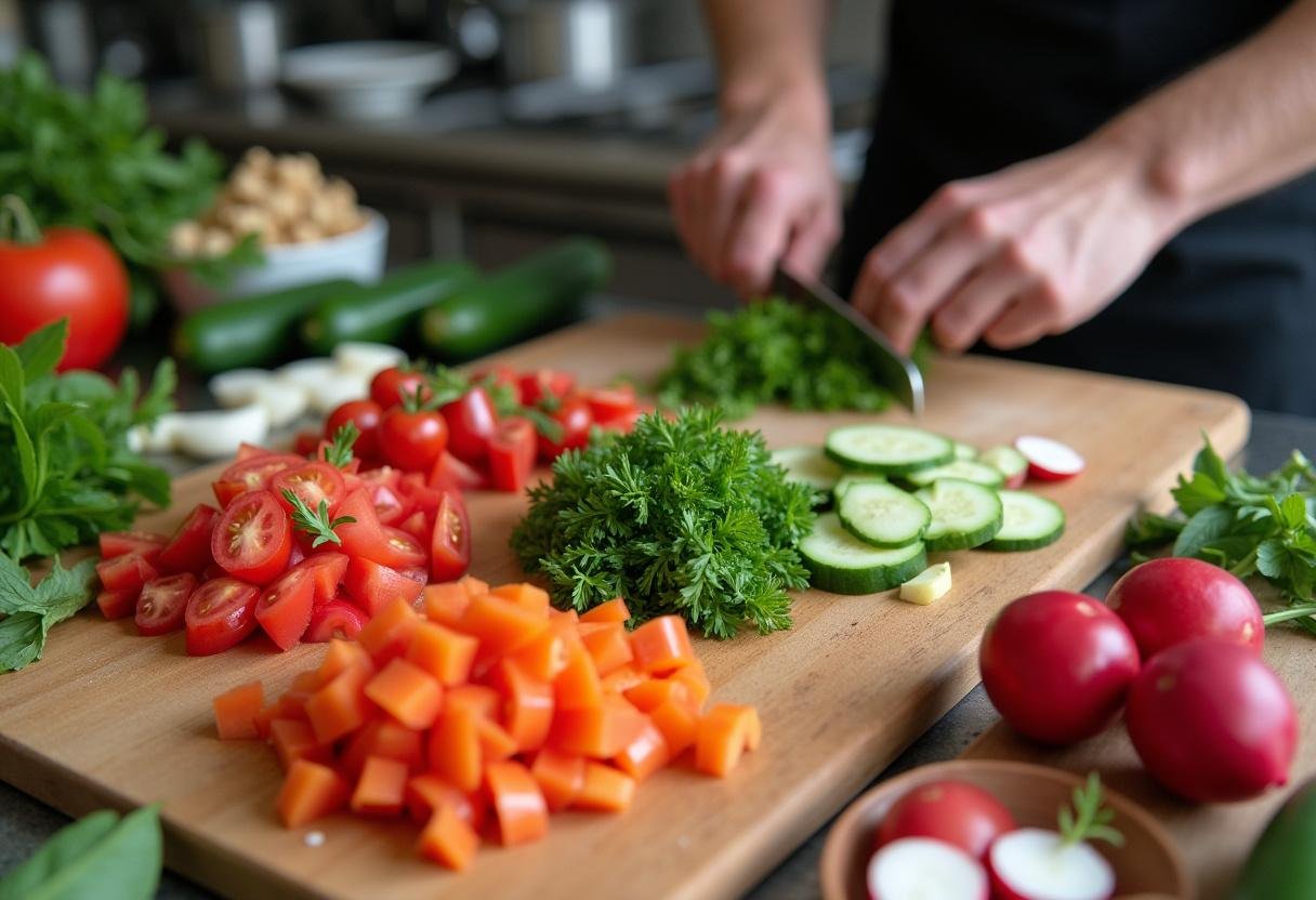 Préparation d'une salade libanaise avec des légumes frais et des herbes, mettant en avant les pois chiches libanais.