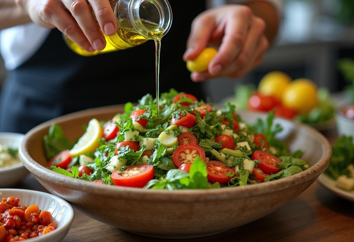 Mélange de légumes pour une salade de pois chiches libanaise, avec de l'huile d'olive et du jus de citron frais, créant une salade délicieuse.