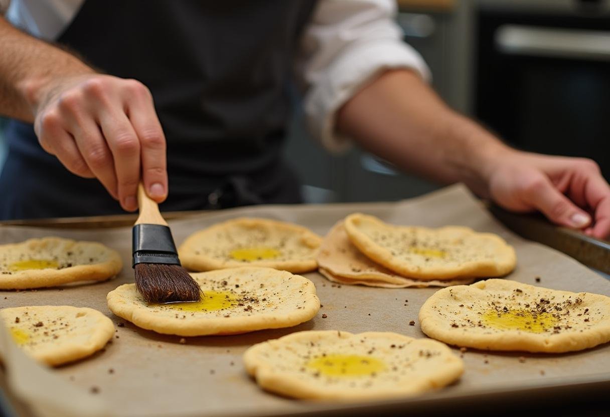 Préparation de chips de pita pour accompagner une salade libanaise, ajoutant du croquant à la recette de salade de pois chiches libanaise.