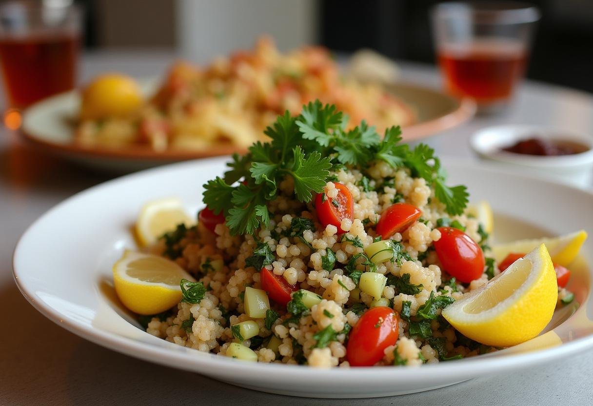 Finalisation d'un tabbouleh Ă©clatant, prĂȘt Ă ĂȘtre servi avec une salade de pois chiches libanaise, offrant une combinaison parfaite de saveurs.