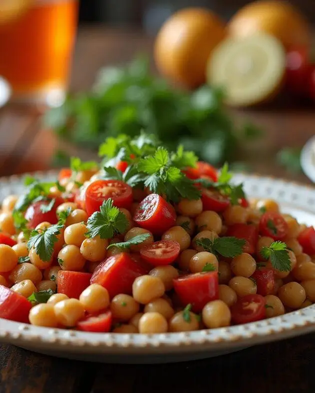 Présentation finale d'une salade marocaine aux pois chiches sur une table rustique, entourée de pain pita et d'une boisson rafraîchissante.