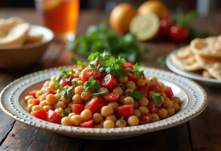 Présentation finale d'une salade marocaine aux pois chiches sur une table rustique, entourée de pain pita et d'une boisson rafraîchissante.
