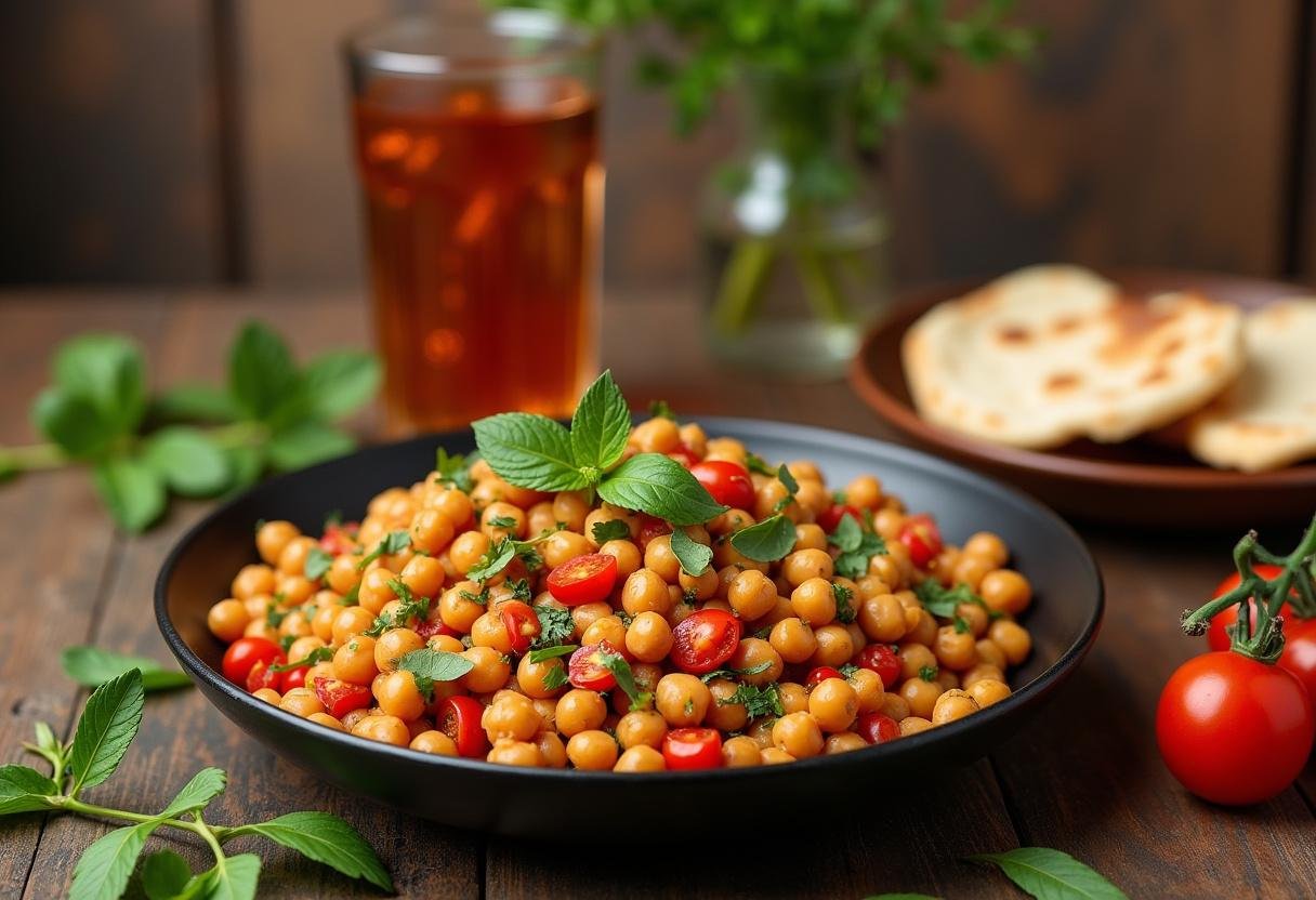 Présentation finale d'une salade marocaine aux pois chiches sur une table rustique, entourée de pain pita et d'une boisson rafraîchissante.