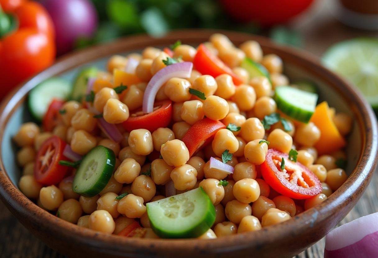 Préparation d'une salade marocaine aux pois chiches avec des ingrédients frais comme des poivrons, des concombres et des oignons.
