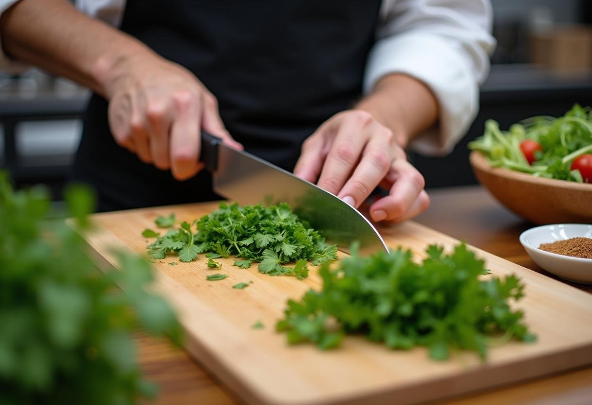 Un chef hachant des herbes fraîches pour une authentique salade de pois chiches marocaine, avec des épices en arrière-plan.