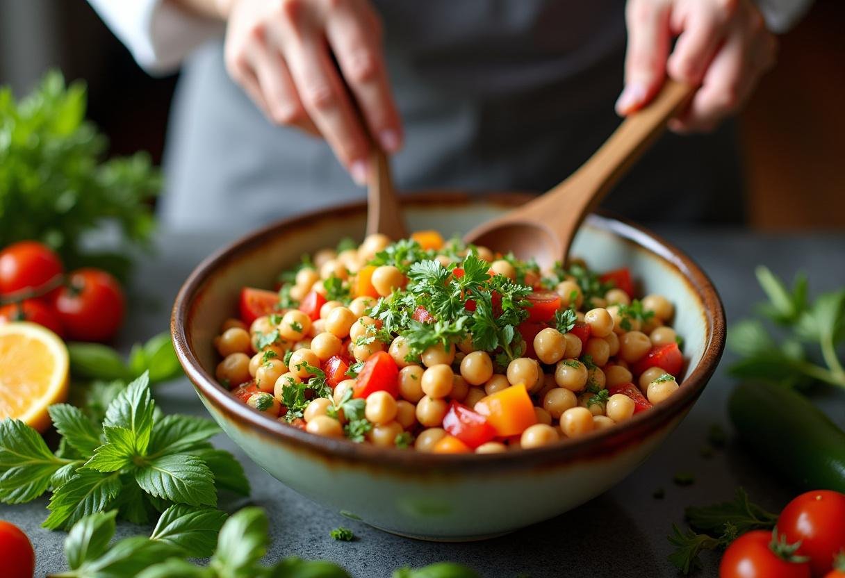 Un bol de mélange de salade marocaine aux pois chiches avec des légumes frais et des herbes mélangées.