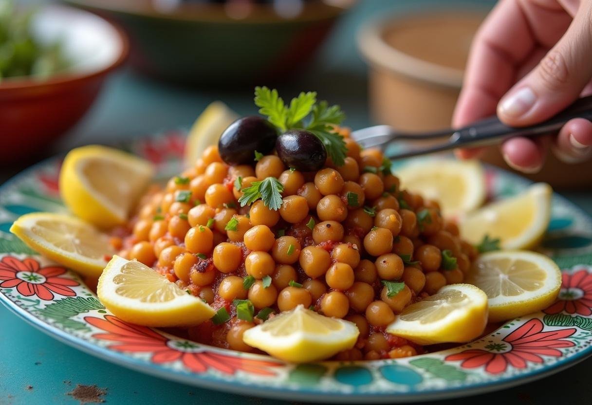 Dressage d'une salade marocaine aux pois chiches sur une assiette, décorée d'olives et de quartiers de citron.