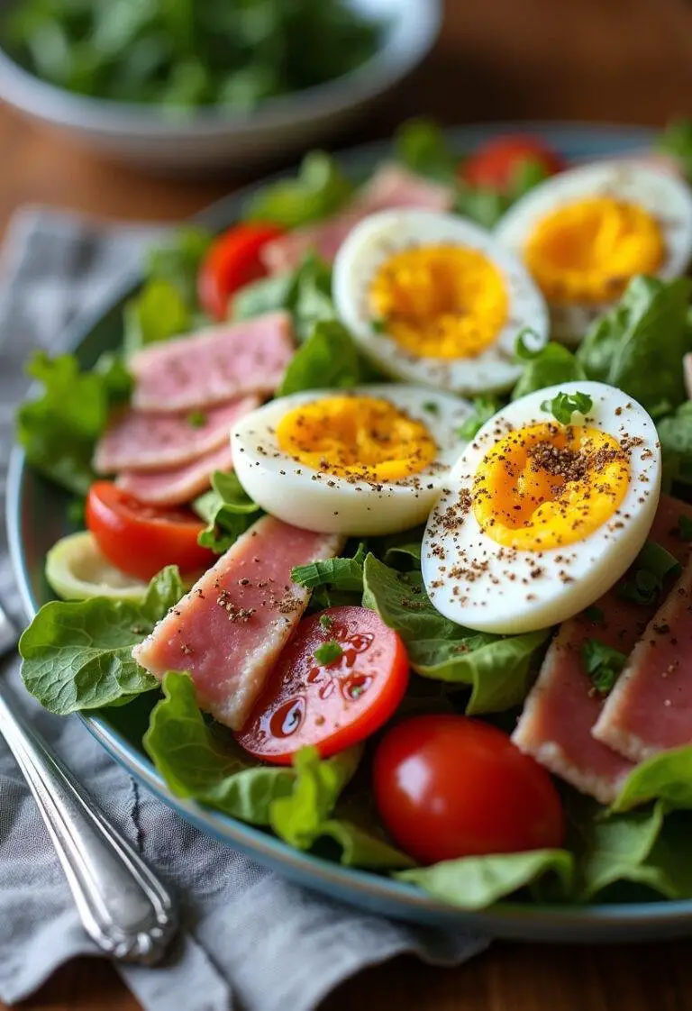 Détail de la salade niçoise classique terminée, un plat diététique idéal pour une cuisine saine.