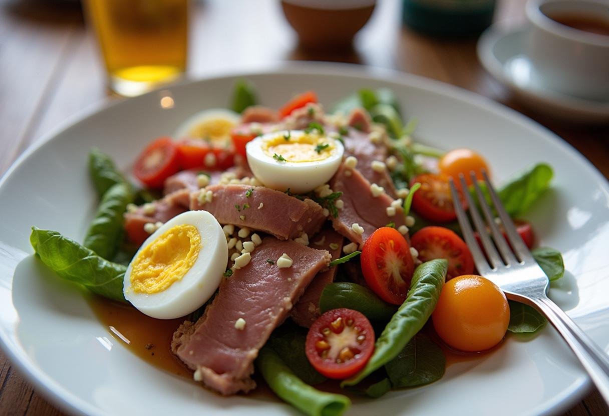 Détail de la salade niçoise classique terminée, un plat diététique idéal pour une cuisine saine.