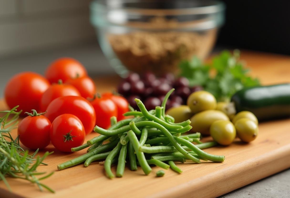 Préparation des légumes frais pour la recette de salade niçoise classique avec des tomates, des haricots verts et des olives.