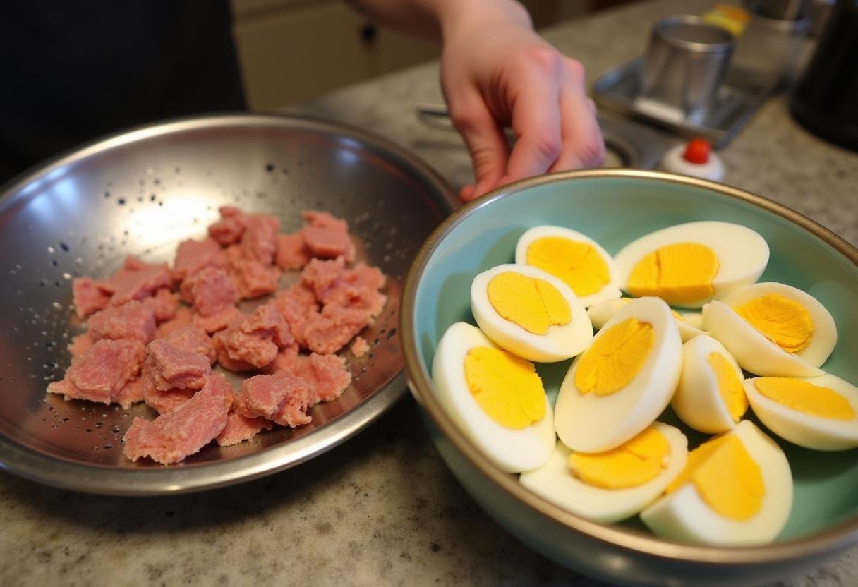 Préparation du thon pour la salade niçoise classique et œufs durs tranchés en quartier, ingrédients pour un plat diététique.