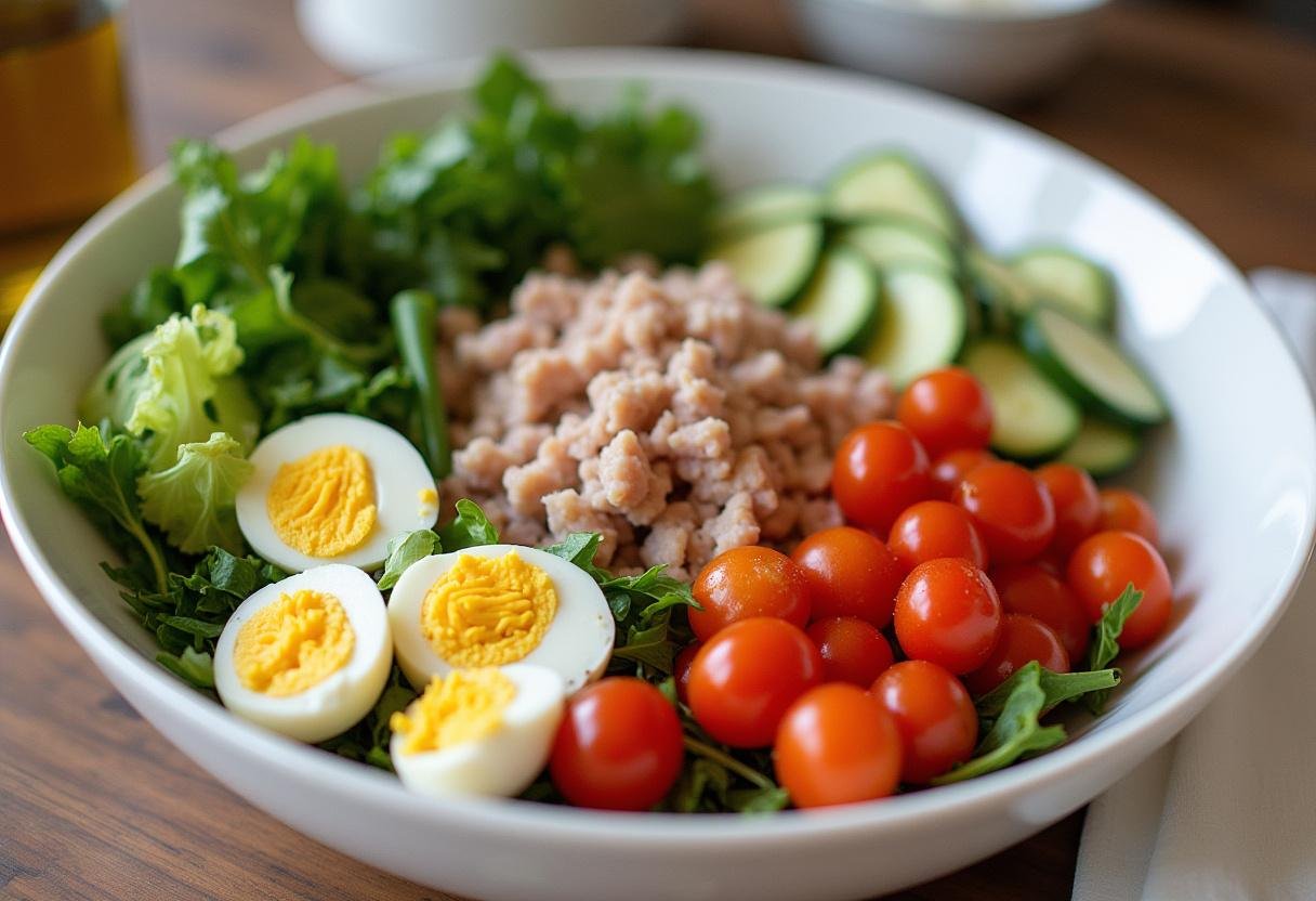 Mélange des ingrédients de la salade niçoise classique dans un grand bol, mélange de thon, légumes et œufs.