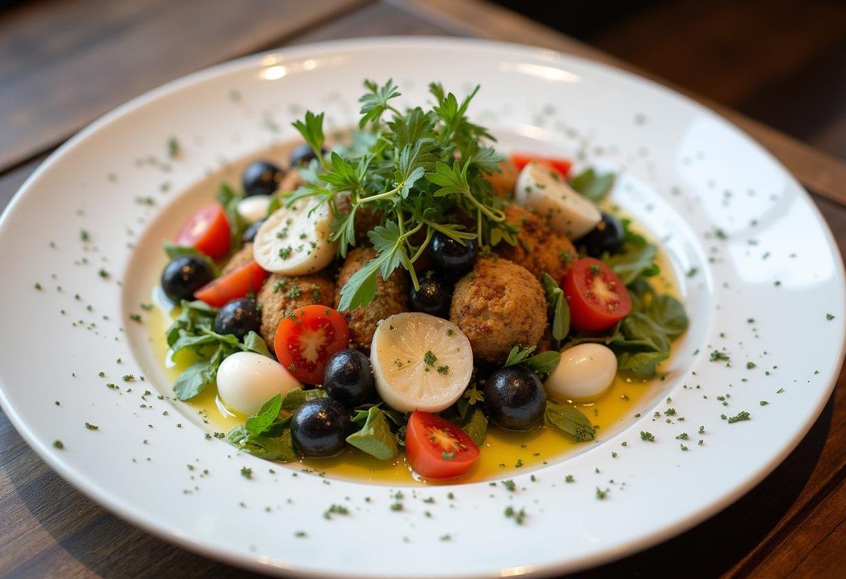 Présentation de la salade niçoise classique sur une assiette blanche, un plat diététique coloré et appétissant.