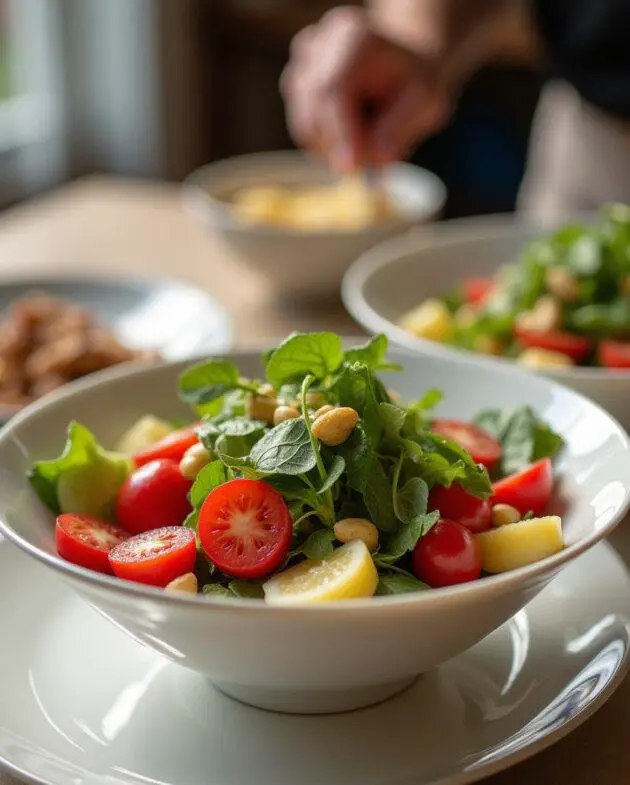 Salade parisienne complète présentée dans un bol, remplie de couleurs vives et d'ingrédients frais.