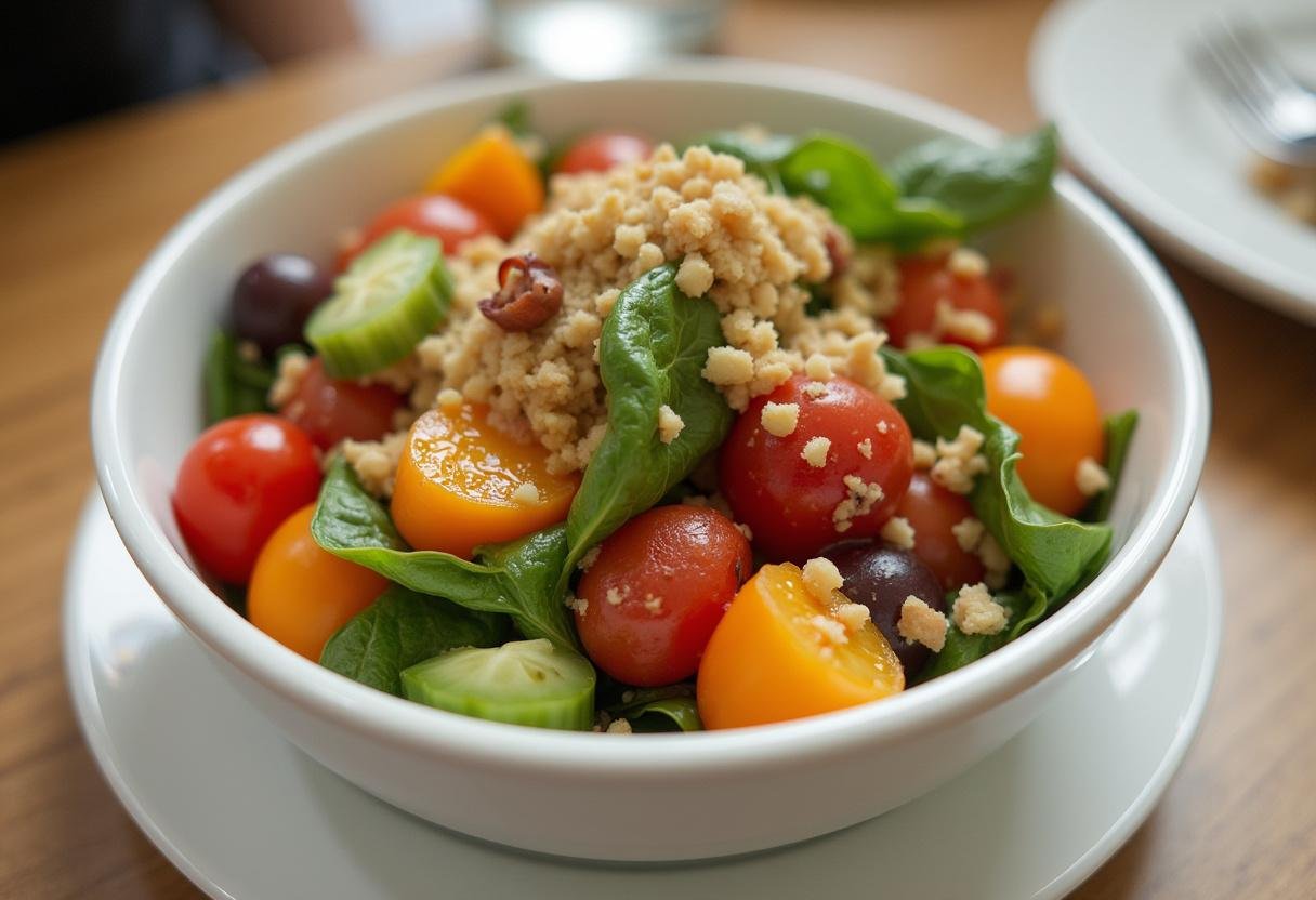Salade parisienne complète présentée dans un bol, remplie de couleurs vives et d'ingrédients frais.