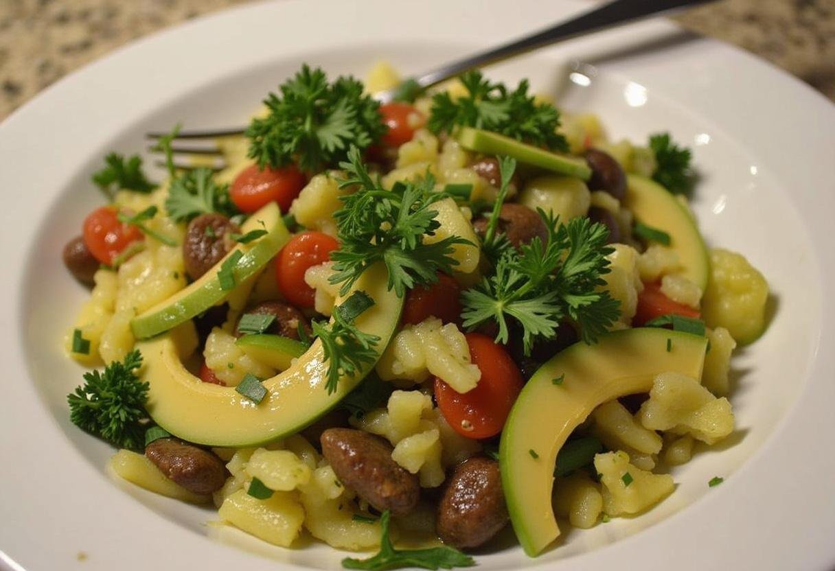 Ciboulette et persil frais utilisés pour garnir une salade parisienne colorée.