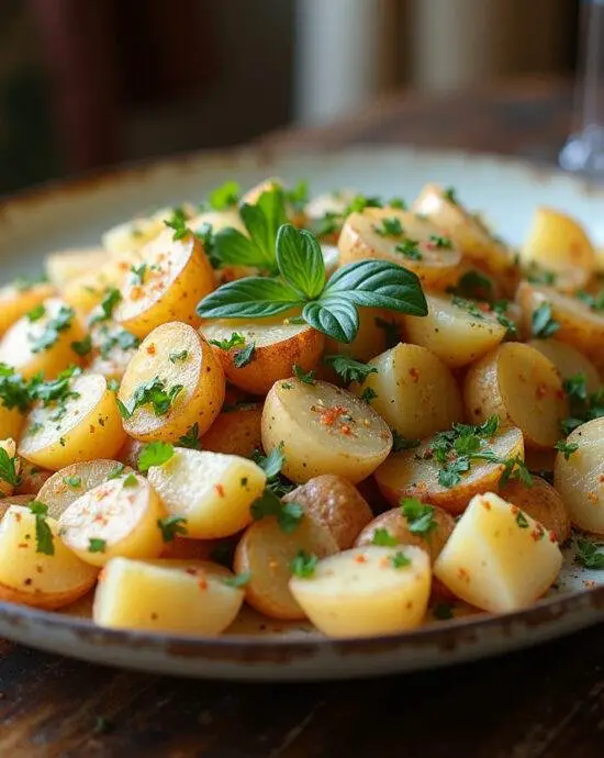 Salade de pomme de terre aux harengs présentée sur un plat de service, ornée d'herbes fraîches, idéalement placée sur une table rustique.