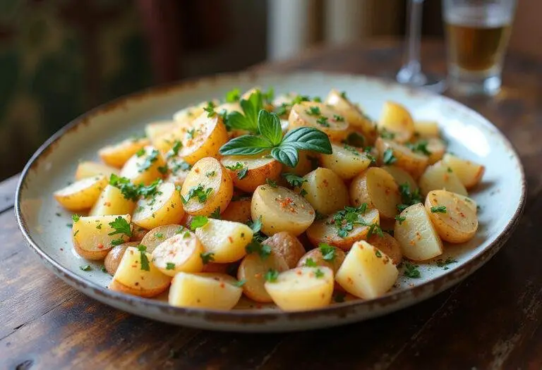 Salade de pomme de terre aux harengs présentée sur un plat de service, ornée d'herbes fraîches, idéalement placée sur une table rustique.