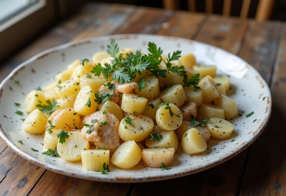 Salade de pomme de terre aux harengs présentée sur un plat de service, ornée d'herbes fraîches, idéalement placée sur une table rustique.
