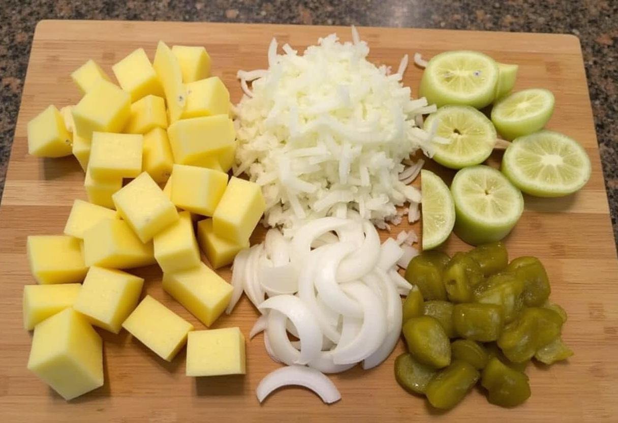 Préparation des ingrédients pour la salade de pomme de terre aux harengs, avec des pommes de terre pelées et coupées en cubes, oignons hachés et cornichons tranchés sur une planche à découper en bois.